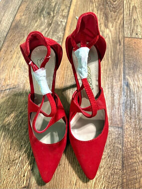 Red Pointed Toe Ankle Strap Heels Like New